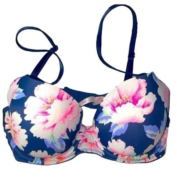 VS PINK Wear Everywhere Lightly Lined Roses Floral Bra Size 34D Navy Blue White - Picture 8 of 8